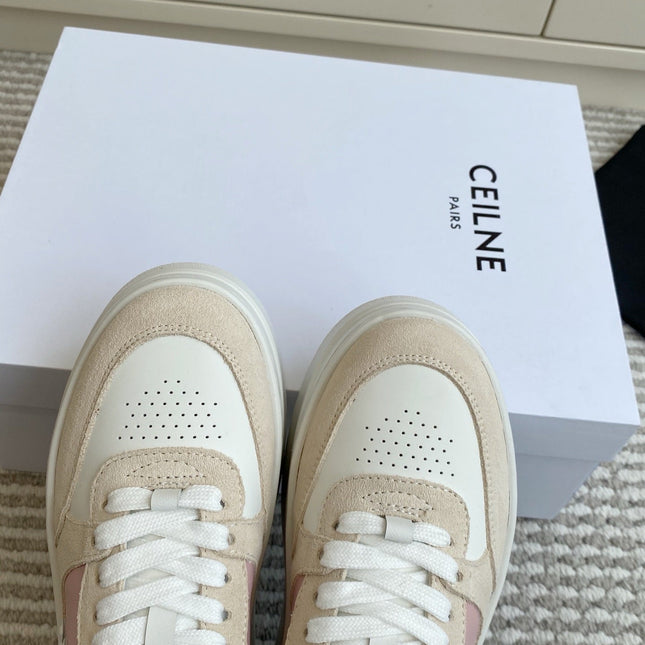 CELINE 26S WEDGE SNEAKERS 50MM IN WHITE PINK CALFSKIN AND BEIGE SUEDE