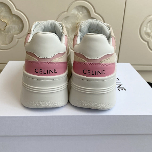 CELINE 26S WEDGE SNEAKERS 50MM IN WHITE PINK CALFSKIN AND BEIGE SUEDE