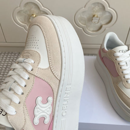 CELINE 26S WEDGE SNEAKERS 50MM IN WHITE PINK CALFSKIN AND BEIGE SUEDE