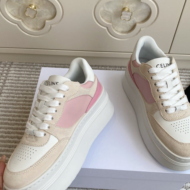 CELINE 26S WEDGE SNEAKERS 50MM IN WHITE PINK CALFSKIN AND BEIGE SUEDE
