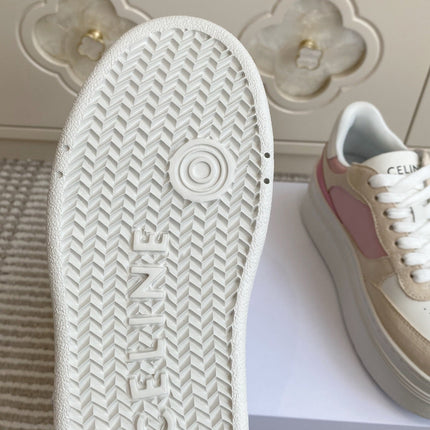 CELINE 26S WEDGE SNEAKERS 50MM IN WHITE PINK CALFSKIN AND BEIGE SUEDE