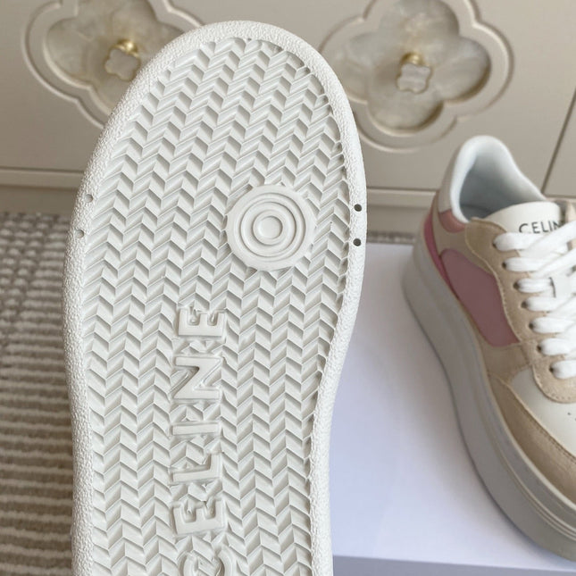 CELINE 26S WEDGE SNEAKERS 50MM IN WHITE PINK CALFSKIN AND BEIGE SUEDE