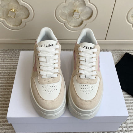 CELINE 26S WEDGE SNEAKERS 50MM IN WHITE PINK CALFSKIN AND BEIGE SUEDE