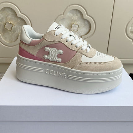 CELINE 26S WEDGE SNEAKERS 50MM IN WHITE PINK CALFSKIN AND BEIGE SUEDE