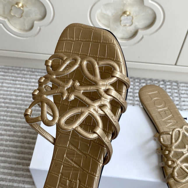 LOEWE 26S SLIDE SANDALS IN GOLD CROC-EMBOSSED CALFSKIN