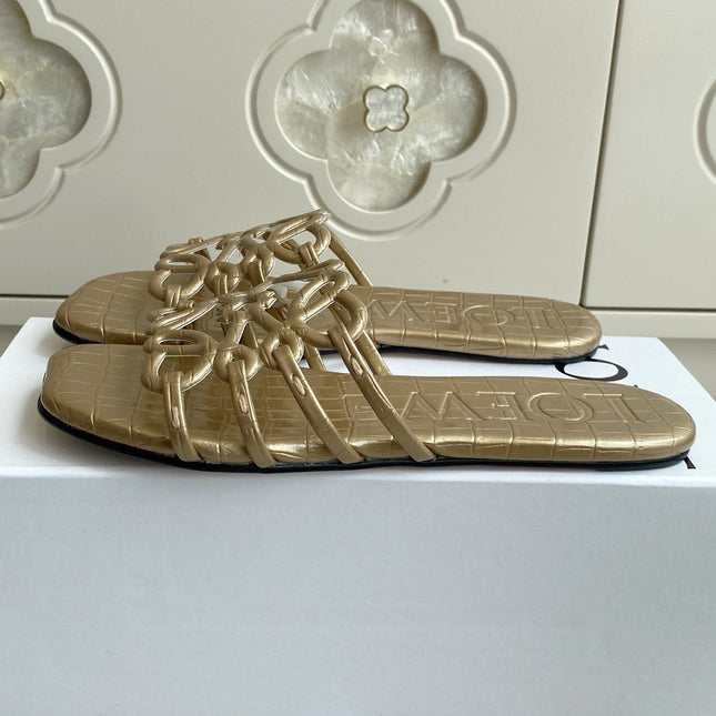 LOEWE 26S SLIDE SANDALS IN GOLD CROC-EMBOSSED CALFSKIN