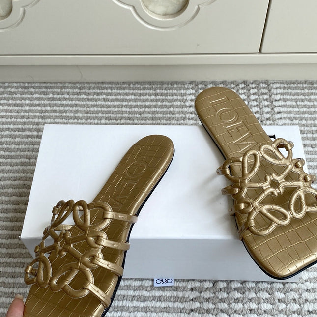 LOEWE 26S SLIDE SANDALS IN GOLD CROC-EMBOSSED CALFSKIN