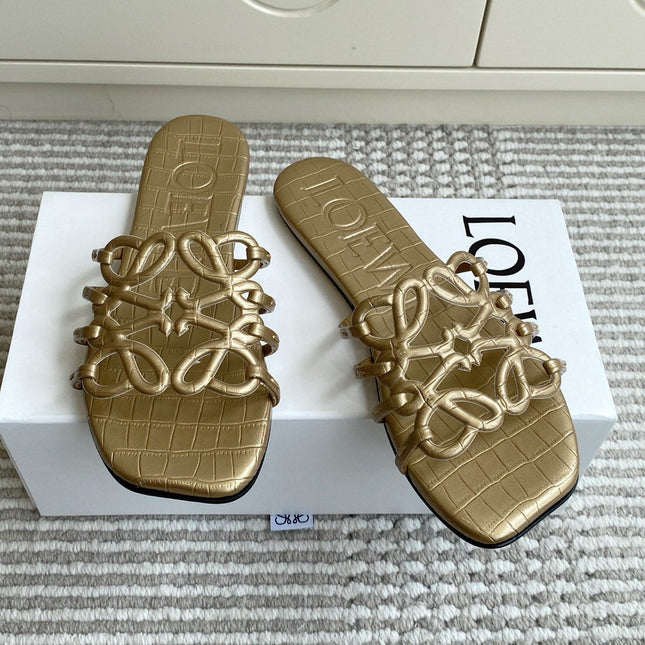 LOEWE 26S SLIDE SANDALS IN GOLD CROC-EMBOSSED CALFSKIN