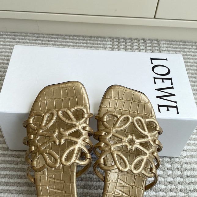 LOEWE 26S SLIDE SANDALS IN GOLD CROC-EMBOSSED CALFSKIN