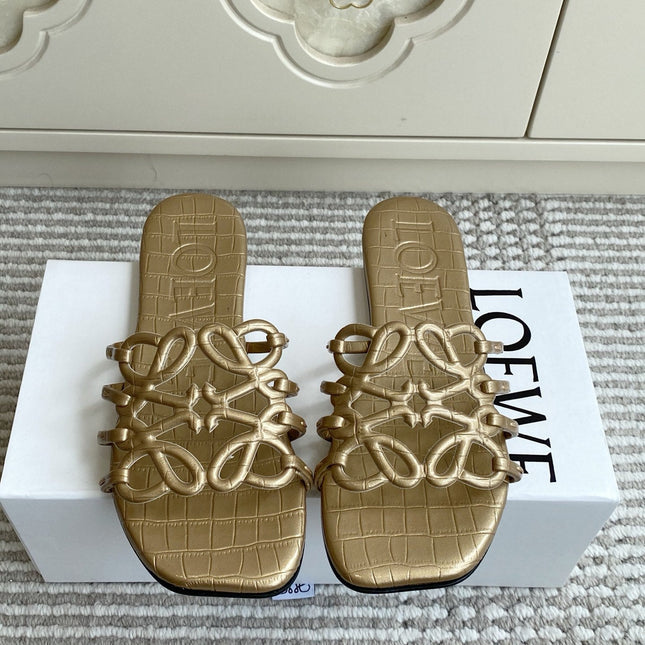 LOEWE 26S SLIDE SANDALS IN GOLD CROC-EMBOSSED CALFSKIN