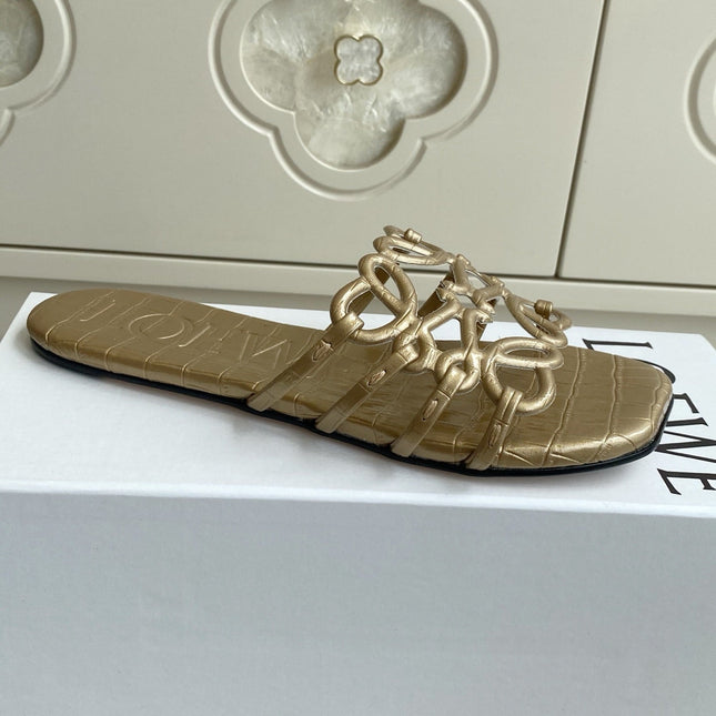 LOEWE 26S SLIDE SANDALS IN GOLD CROC-EMBOSSED CALFSKIN