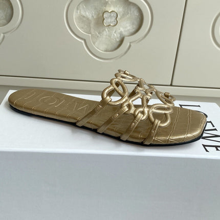 LOEWE 26S SLIDE SANDALS IN GOLD CROC-EMBOSSED CALFSKIN