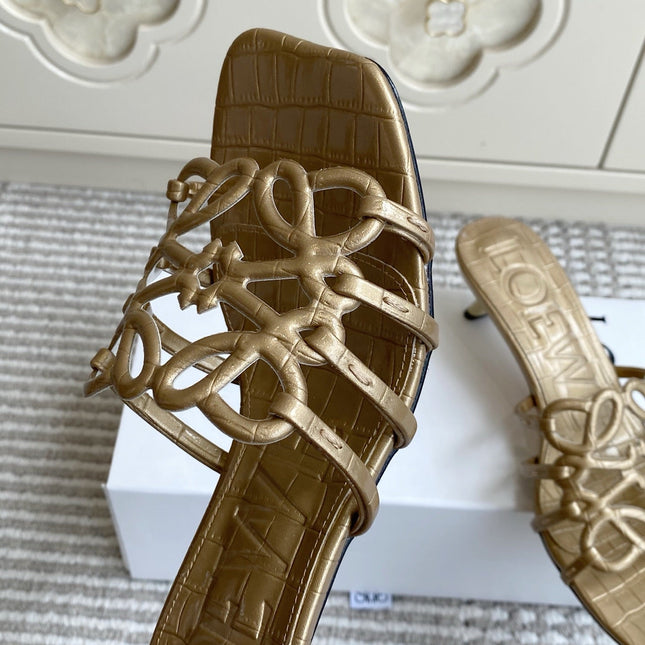 LOEWE 26S HIGH HEEL SANDALS 45MM IN GOLD CROC-EMBOSSED CALFSKIN