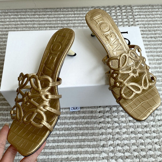 LOEWE 26S HIGH HEEL SANDALS 45MM IN GOLD CROC-EMBOSSED CALFSKIN