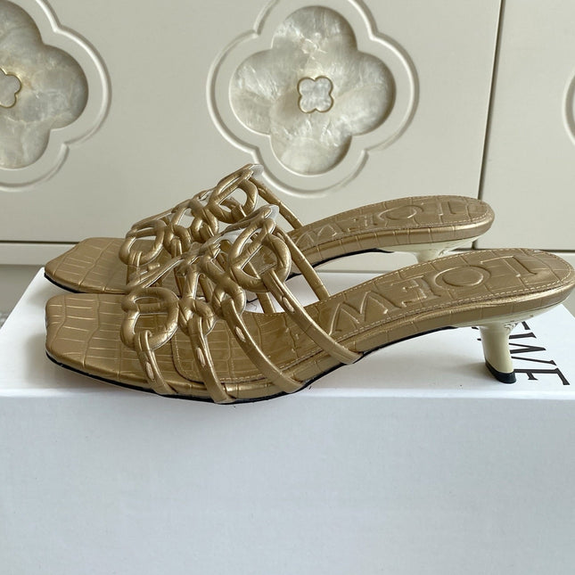LOEWE 26S HIGH HEEL SANDALS 45MM IN GOLD CROC-EMBOSSED CALFSKIN