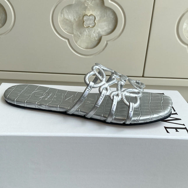 LOEWE 26S SLIDE SANDALS IN SILVER CROC-EMBOSSED CALFSKIN