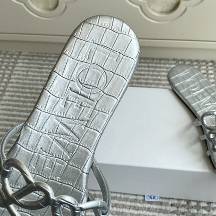 LOEWE 26S SLIDE SANDALS IN SILVER CROC-EMBOSSED CALFSKIN