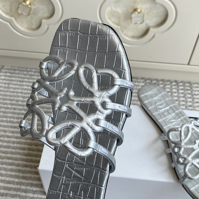 LOEWE 26S SLIDE SANDALS IN SILVER CROC-EMBOSSED CALFSKIN