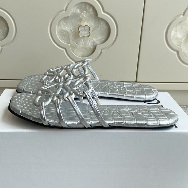 LOEWE 26S SLIDE SANDALS IN SILVER CROC-EMBOSSED CALFSKIN