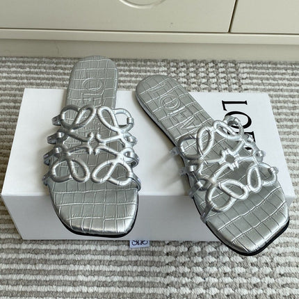 LOEWE 26S SLIDE SANDALS IN SILVER CROC-EMBOSSED CALFSKIN