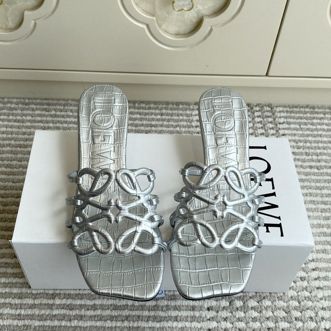 LOEWE 26S HIGH HEEL SANDALS 45MM IN SILVER CROC-EMBOSSED CALFSKIN