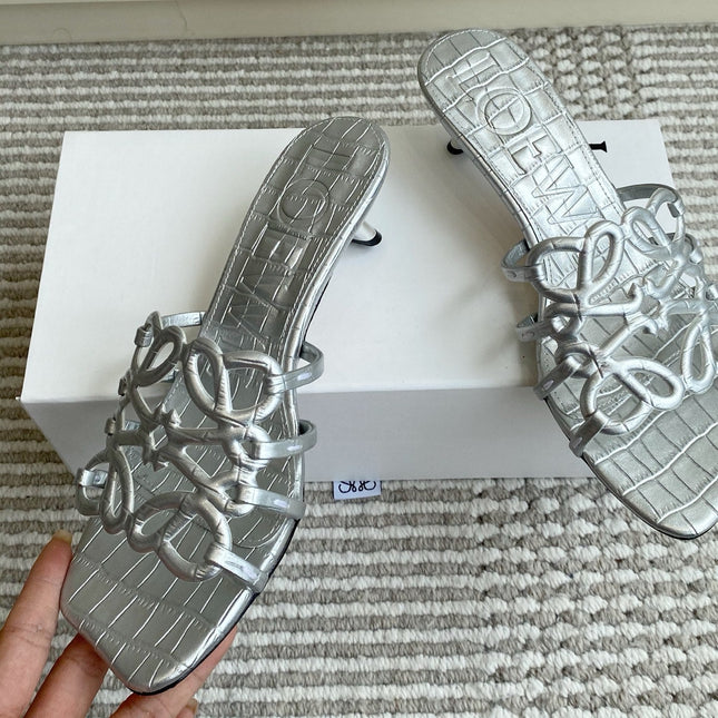 LOEWE 26S HIGH HEEL SANDALS 45MM IN SILVER CROC-EMBOSSED CALFSKIN