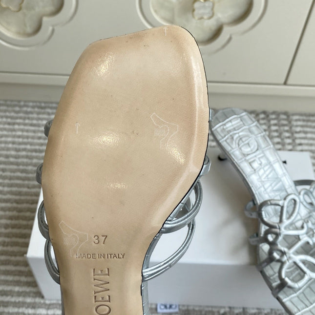 LOEWE 26S HIGH HEEL SANDALS 45MM IN SILVER CROC-EMBOSSED CALFSKIN