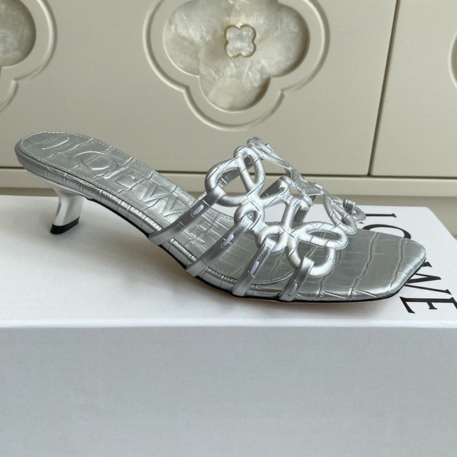 LOEWE 26S HIGH HEEL SANDALS 45MM IN SILVER CROC-EMBOSSED CALFSKIN
