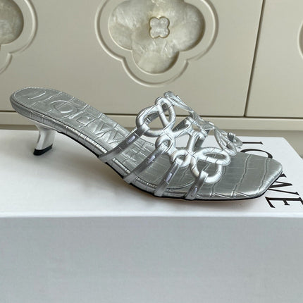 LOEWE 26S HIGH HEEL SANDALS 45MM IN SILVER CROC-EMBOSSED CALFSKIN