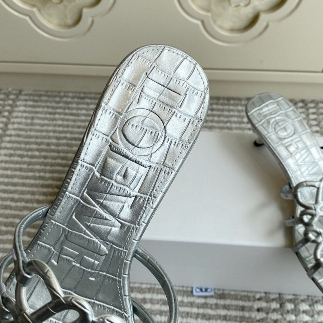 LOEWE 26S HIGH HEEL SANDALS 45MM IN SILVER CROC-EMBOSSED CALFSKIN