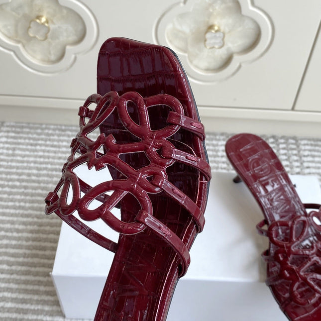 LOEWE 26S HIGH HEEL SANDALS 45MM IN BURGUNDY RED CROC-EMBOSSED PATENT CALFSKIN