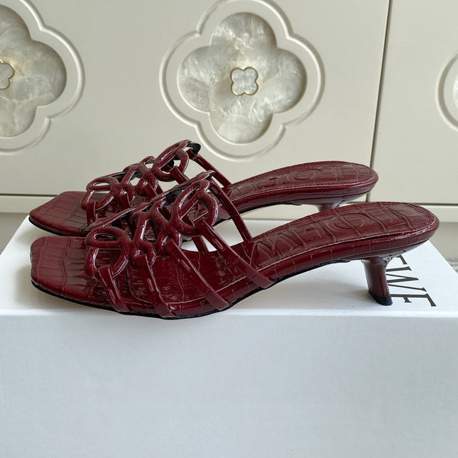 LOEWE 26S HIGH HEEL SANDALS 45MM IN BURGUNDY RED CROC-EMBOSSED PATENT CALFSKIN