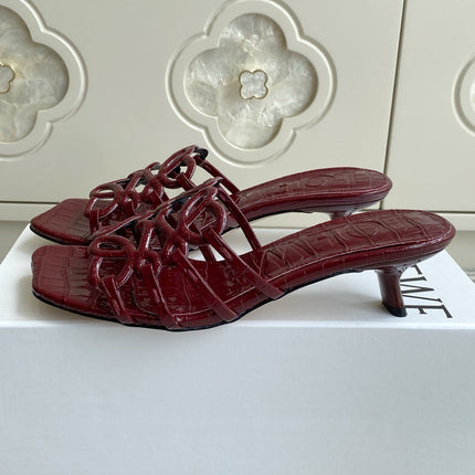LOEWE 26S HIGH HEEL SANDALS 45MM IN BURGUNDY RED CROC-EMBOSSED PATENT CALFSKIN