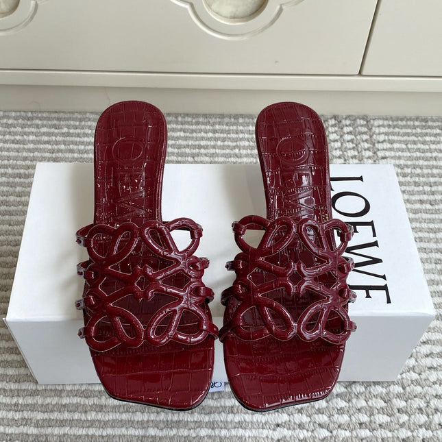 LOEWE 26S HIGH HEEL SANDALS 45MM IN BURGUNDY RED CROC-EMBOSSED PATENT CALFSKIN