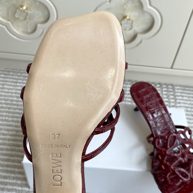 LOEWE 26S HIGH HEEL SANDALS 45MM IN BURGUNDY RED CROC-EMBOSSED PATENT CALFSKIN