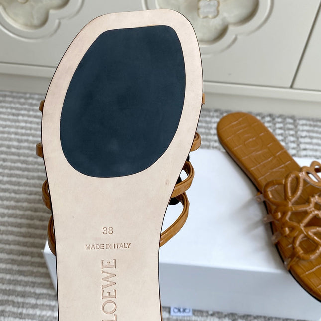 LOEWE 26S SLIDE SANDALS IN CARAMEL BROWN CROC-EMBOSSED PATENT CALFSKIN