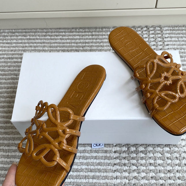 LOEWE 26S SLIDE SANDALS IN CARAMEL BROWN CROC-EMBOSSED PATENT CALFSKIN