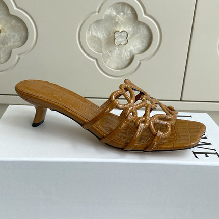 LOEWE 26S HIGH HEEL SANDALS 45MM IN CARAMEL BROWN CROC-EMBOSSED PATENT CALFSKIN