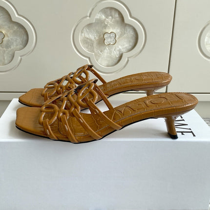 LOEWE 26S HIGH HEEL SANDALS 45MM IN CARAMEL BROWN CROC-EMBOSSED PATENT CALFSKIN