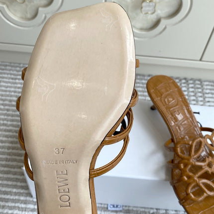 LOEWE 26S HIGH HEEL SANDALS 45MM IN CARAMEL BROWN CROC-EMBOSSED PATENT CALFSKIN