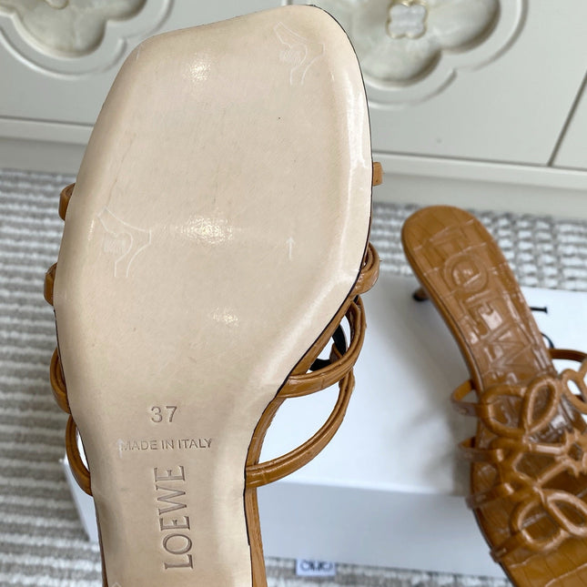 LOEWE 26S HIGH HEEL SANDALS 45MM IN CARAMEL BROWN CROC-EMBOSSED PATENT CALFSKIN