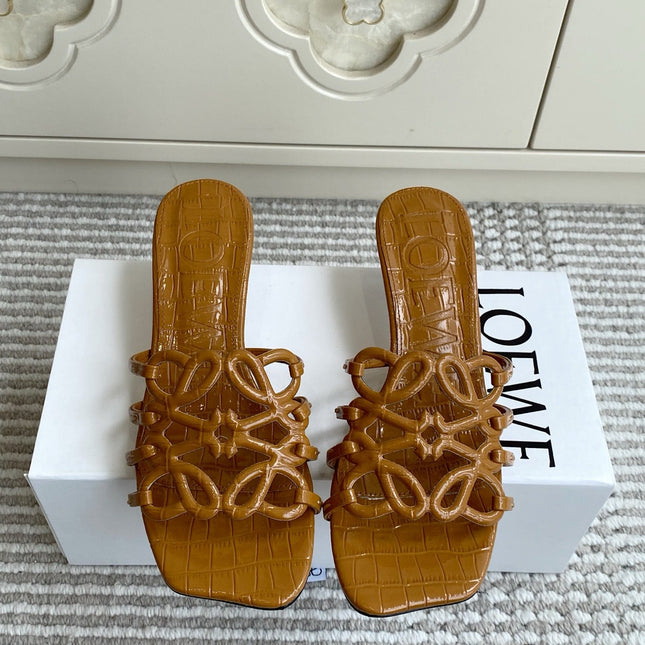 LOEWE 26S HIGH HEEL SANDALS 45MM IN CARAMEL BROWN CROC-EMBOSSED PATENT CALFSKIN