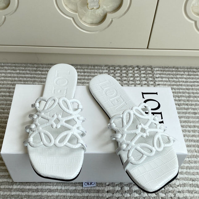 LOEWE 26S SLIDE SANDALS IN WHITE CROC-EMBOSSED CALFSKIN