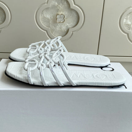 LOEWE 26S SLIDE SANDALS IN WHITE CROC-EMBOSSED CALFSKIN