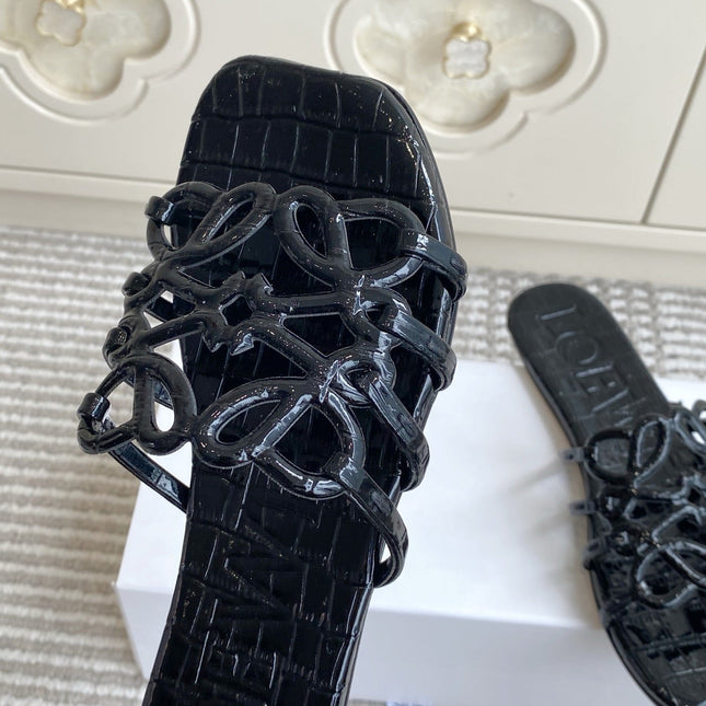LOEWE 26S SLIDE SANDALS IN BLACK CROC-EMBOSSED PATENT CALFSKIN