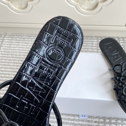 LOEWE 26S SLIDE SANDALS IN BLACK CROC-EMBOSSED PATENT CALFSKIN