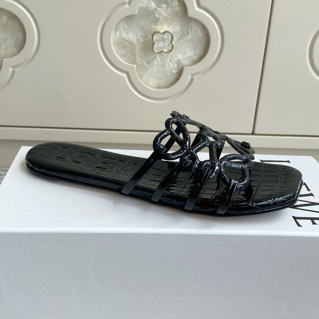 LOEWE 26S SLIDE SANDALS IN BLACK CROC-EMBOSSED PATENT CALFSKIN