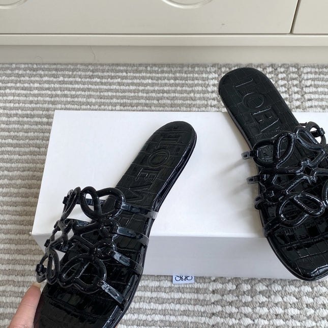 LOEWE 26S SLIDE SANDALS IN BLACK CROC-EMBOSSED PATENT CALFSKIN