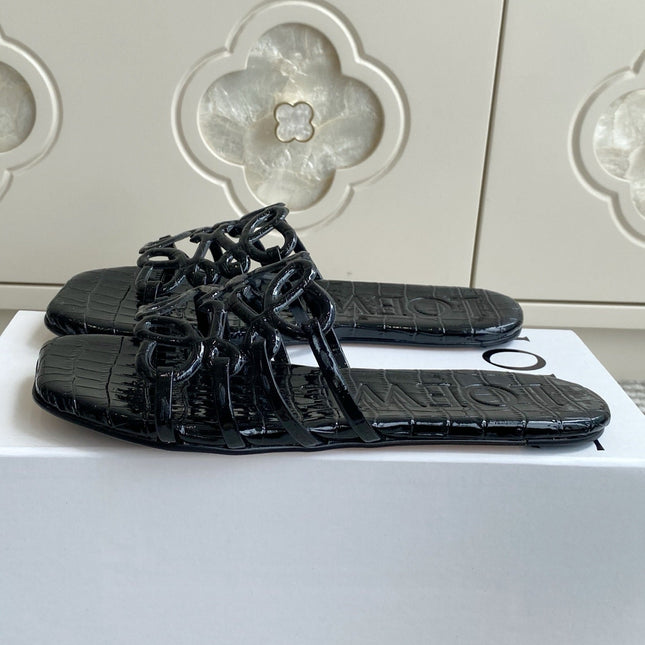 LOEWE 26S SLIDE SANDALS IN BLACK CROC-EMBOSSED PATENT CALFSKIN