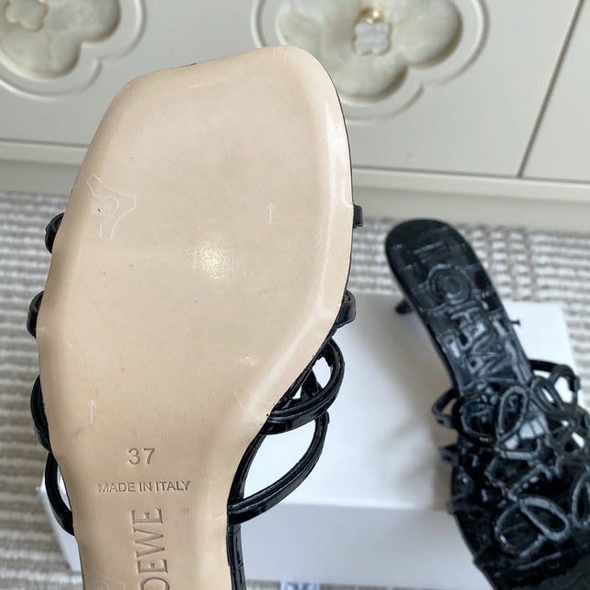 LOEWE 26S HIGH HEEL SANDALS 45MM IN BLACK CROC-EMBOSSED PATENT CALFSKIN